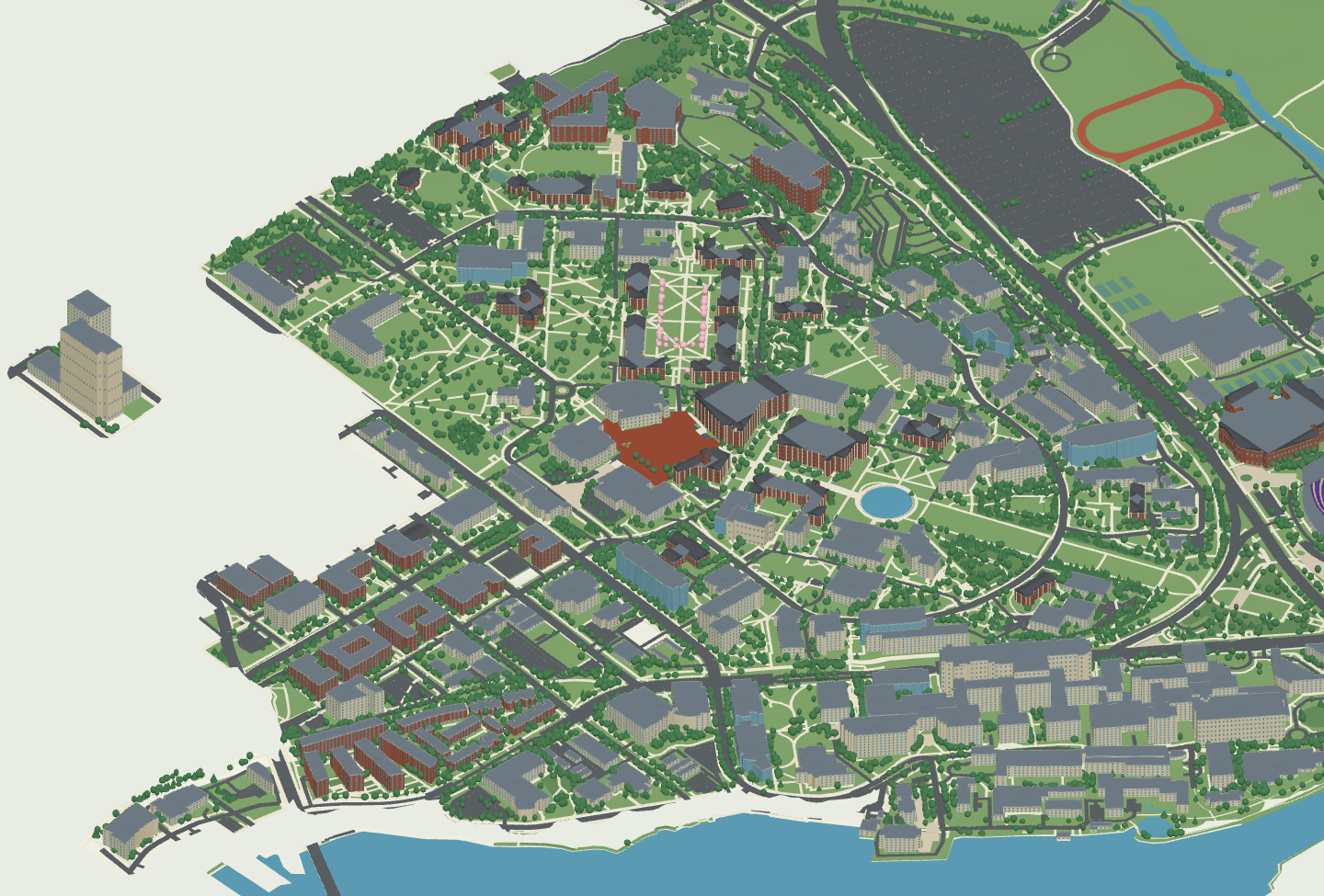 University of Washington Seattle exterior campus model, showing Red Square, Suzzallo Library, the Quad, buildings and green spaces.
